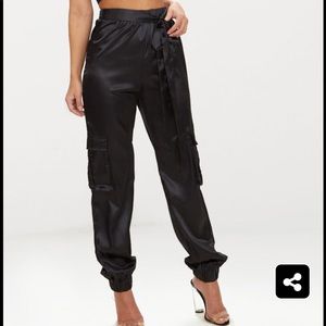 Prettylittlething Petite Black Satin Cargo Pants